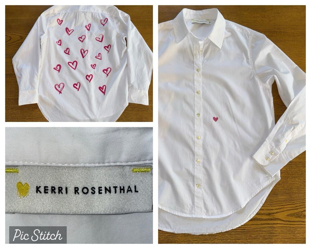 Kerri Rosenthal MIA Boyfriend “Loved” White Button Up Shirt Paint Hearts XS/S
